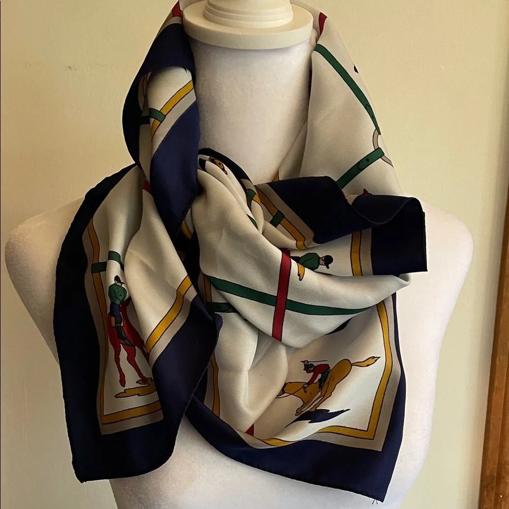 Vintage Multicolor Equestrian Horse Racing Square Italian Scarf - Picture 8 of 16